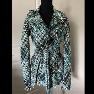 Light weight open front tweed blazer with raw trim